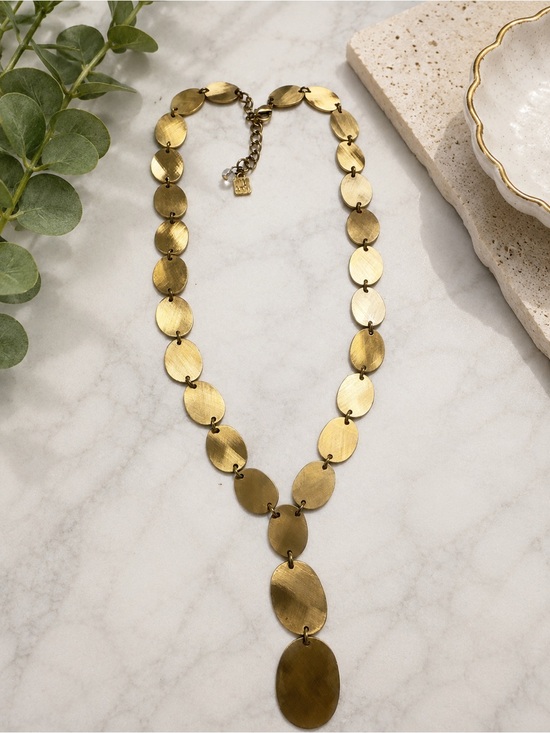 Jewelry - HLM SORA Gold Tone Brushed Disc Statement Y Necklace with Adjustable Chain